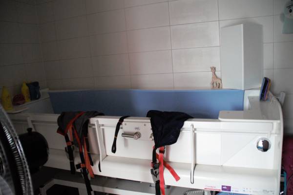 De aangepaste badkamer met plafondrails